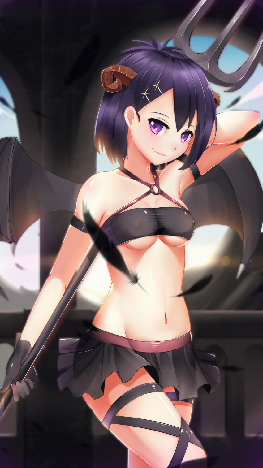 1girl 1girl absurd_res bandeau belly black_gloves black_skirt breasts commentary covered_nipples demon_girl demon_horns demon_wings feathers gabriel_dropout gloves hair_ornament hallelujah_essaim high_res holding holding_weapon horns ilham looking_at_viewer medium_breasts midriff miniskirt navel pleated_skirt polearm purple_eyes purple_hair shiny_skin short_hair skirt smile standing strapless trident under_boob vignette_tsukinose_april weapon wings x_hair_ornament