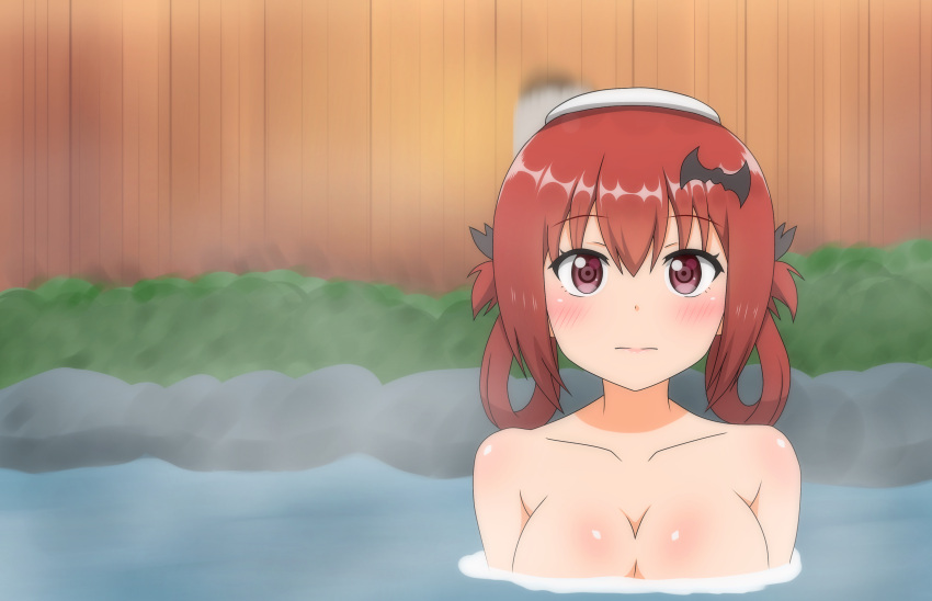 1girl :| absurd_res bad_id bad_pixiv_id bat_hair_ornament bathing big_breasts blurry blurry_background blush breasts bush cleavage closed_mouth collarbone embarrassed fence gabriel_dropout hair_between_eyes hair_ornament hair_rings high_res long_hair looking_at_viewer nude onsen poa_mellhen purple_eyes red_hair satanichia_kurumizawa_mcdowell shiny_skin steam towel towel_on_head upper_body water wooden_fence