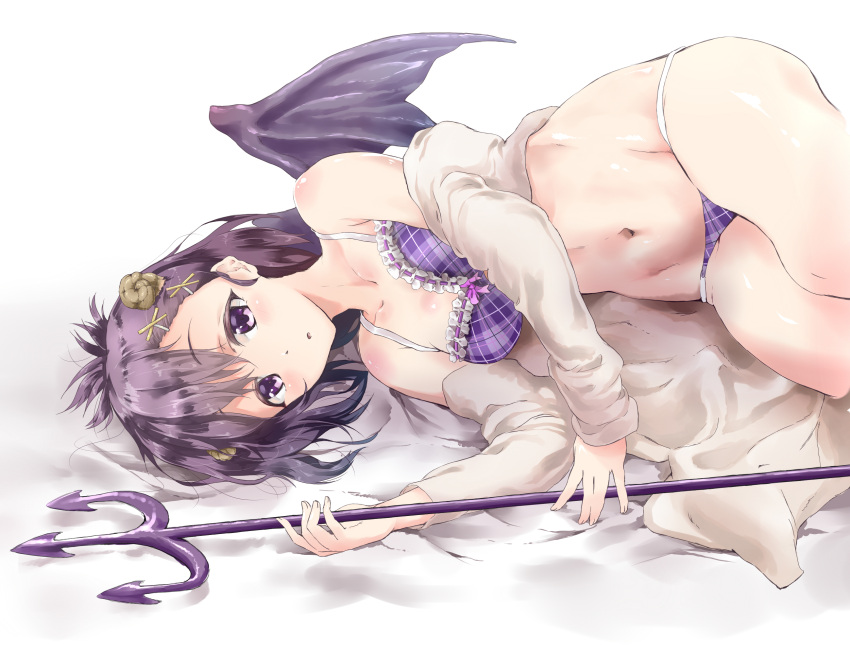 1girl bra derivative_work female_only frilled_bra frills gabriel_dropout hair_ornament high_res horns looking_at_viewer lying navel on_side panties parted_lips plaid plaid_bra plaid_panties polearm purple_eyes purple_hair purple_panties sazanka solo_female trident underwear vignette_tsukinose_april weapon wings x_hair_ornament