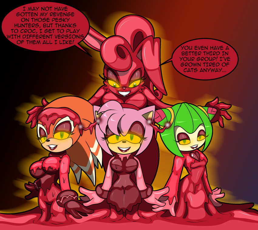 2023 4_fingers 4girls amy_rose anthro big_breasts breast_size_difference breasts chaoscroc clothed clothing cosmo_the_seedrian dialogue dress echidna elemental_creature english_text eulipotyphlan eyelashes eyeshadow fan_character female fingers flora_fauna fur gelle_(chaoscroc) glowing glowing_eyes goo_clothing goo_creature green_eyes green_hair group hair half-closed_eyes hedgehog high_res lagomorph leporid lipstick looking_at_viewer makeup mammal medium_breasts mind_control monotreme narrowed_eyes orange_body orange_fur orange_hair pink_body pink_fur pink_hair plant rabbit red_body red_clothing red_dress red_eyeshadow red_goo red_hairband red_lipstick seedrian sega shade_the_echidna simple_background sonic_(series) sonic_chronicles sonic_the_hedgehog_(series) sonic_x speech_bubble standing text yellow_sclera
