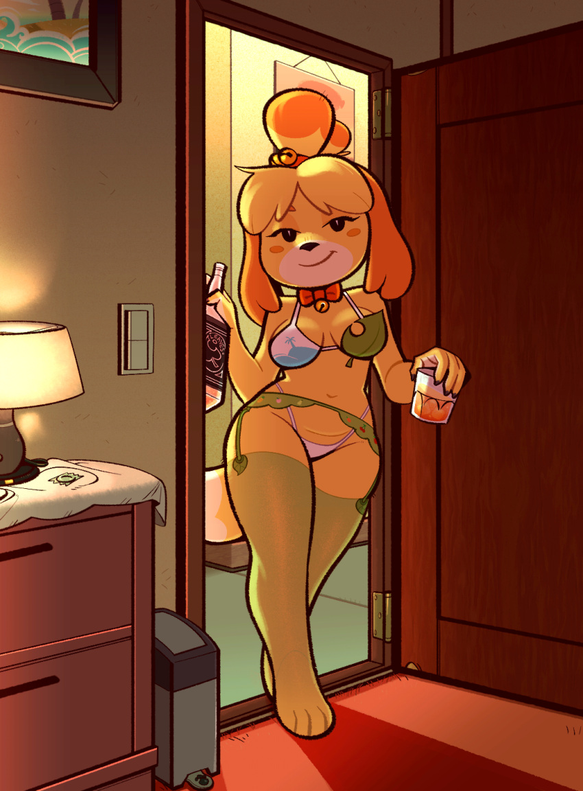 1girl 2023 alcohol alternate_version_available animal_crossing anthro bell big_breasts blonde_hair blush bow bowtie bra breasts canine cleavage clothing condom_wrapper domestic_dog female female_only furry g-string isabelle_(animal_crossing) junyois lamp leaf leotard lingerie looking_at_viewer navel nintendo panties partially_clothed shih_tzu solo_female stockings suggestive suggestive_look thick_thighs thong wide_hips yellow_fur