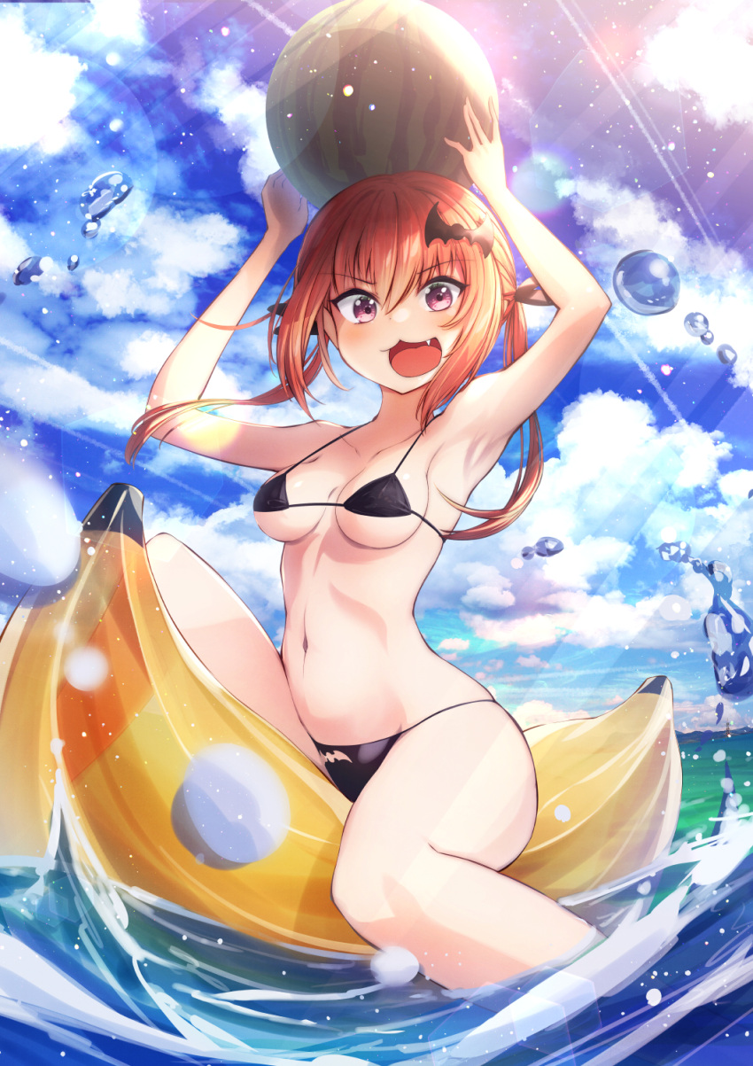 1girl 1girl :3 alternate_costume armpits arms_up banana_boat bare_shoulders bat_cutout bat_hair_ornament bikini black_bikini black_ribbon blue_sky blush breasts clothing_cutout cloud cluseller collarbone commentary_request day fang food fruit gabriel_dropout hair_ornament hair_ribbon happy high_res holding inflatable_raft knee_up lens_flare light_particles light_rays long_hair looking_at_viewer medium_breasts navel object_on_head ocean open_mouth orange_hair outside pink_eyes ribbon riding satanichia_kurumizawa_mcdowell shiny_skin sidelocks sitting sky smile stomach string_bikini sunlight swimsuit twin_tails under_boob v-shaped_eyebrows water watermelon