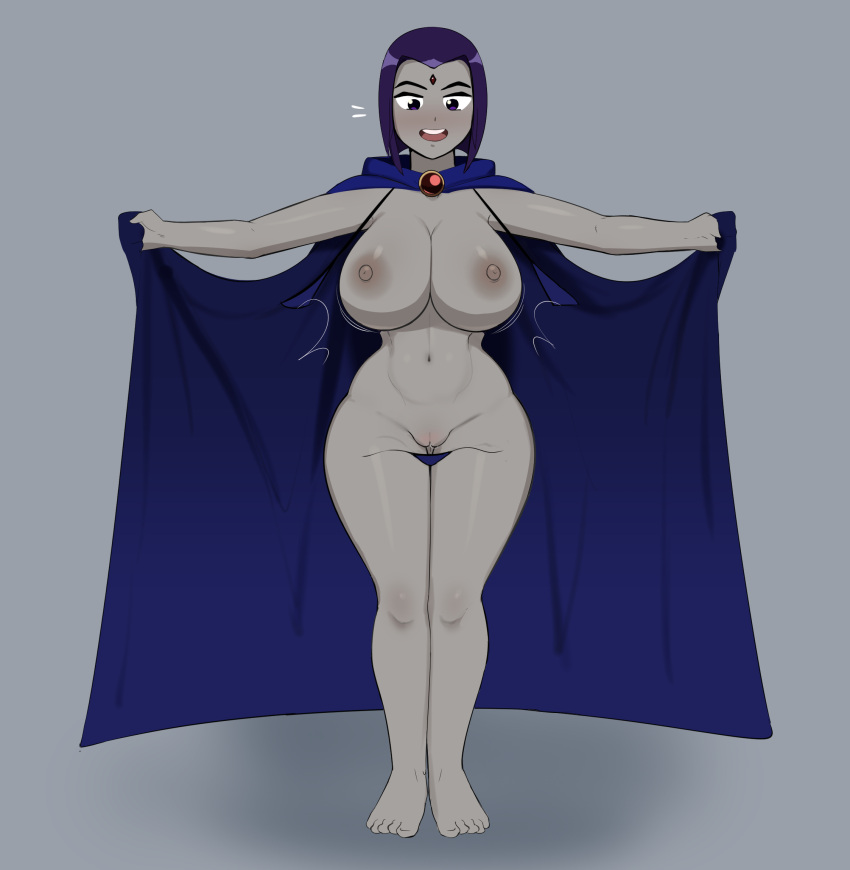 1girl areola barefoot blush bouncing_breasts breasts cloak dc_comics feet female g3mma huge_breasts mostly_nude motion_lines navel nipples purple_eyes purple_hair pussy raven_(dc) short_hair surprised tagme teen_titans thick_thighs wardrobe_malfunction wide_hips