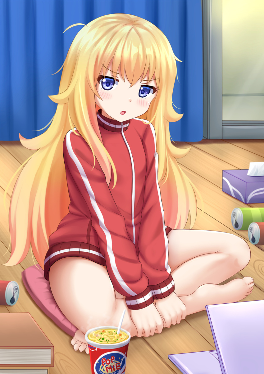 1girl 1girl :o barefoot blonde_hair blue_eyes blush book can commentary_request computer cup_ramen curtains cushion food gabriel_dropout gabriel_tenma_white head_tilt high_res indoors jacket kazenokaze laptop leg_grab long_hair long_sleeves noodles open_mouth outstretched_arms red_jacket sitting sliding_doors soda_can tissue tissue_box track_jacket very_long_hair wooden_floor zipper
