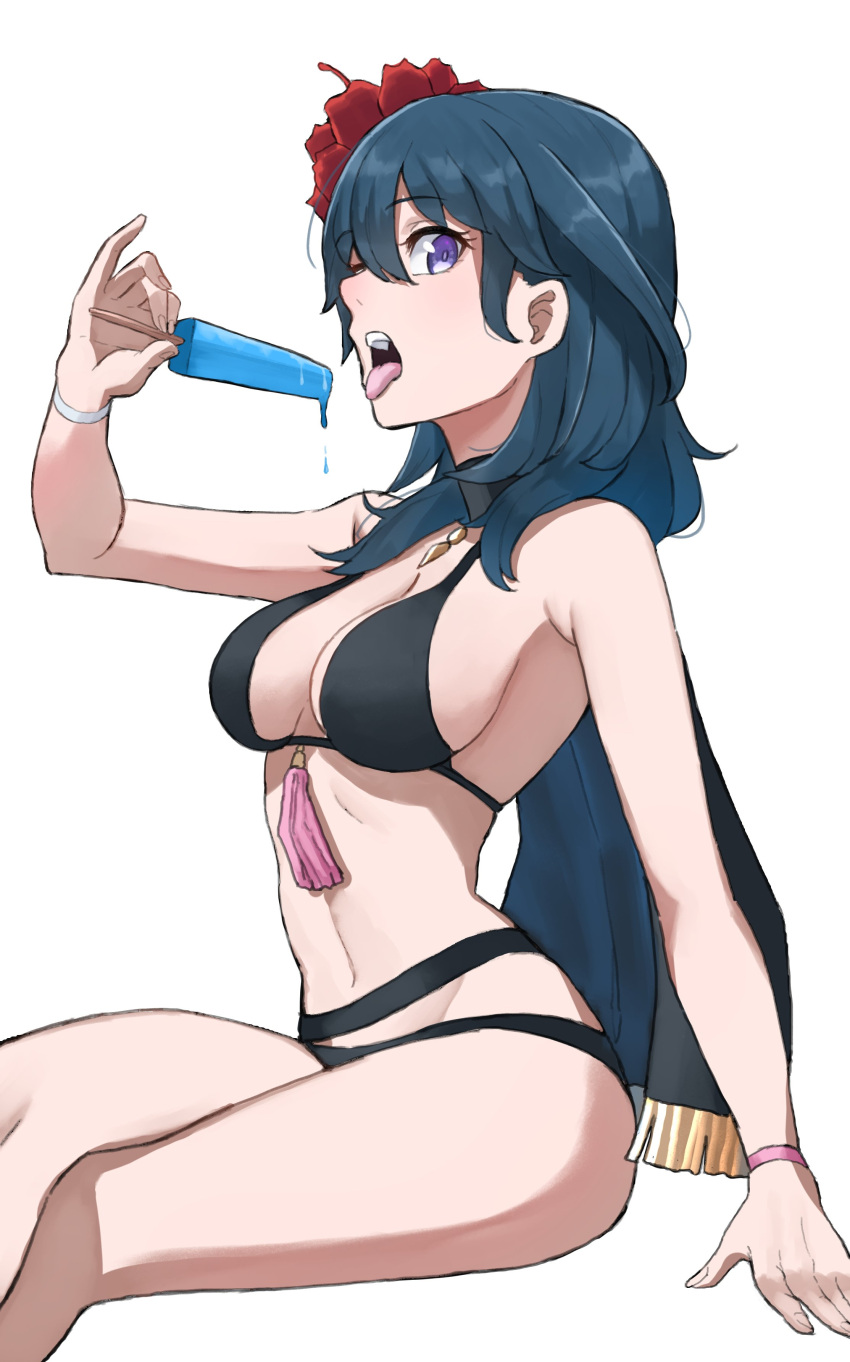1girl absurd_res alluring alternate_costume arm_support bare_arms bare_shoulders big_breasts bikini black_bikini black_swimsuit breasts byleth_(female)_(summer)_(fire_emblem) byleth_(fire_emblem) byleth_(fire_emblem)_(female) byleth_(summer)_(fire_emblem)_(female) commentary female_only fire_emblem fire_emblem:_three_houses fire_emblem_heroes flower food grimmelsdathird hair_flower hair_ornament hand_up high_res holding holding_food long_hair looking_at_viewer navel nintendo official_alternate_costume open_mouth popsicle purple_eyes red_flower simple_background sitting stomach swimsuit teal_hair thighs white_background