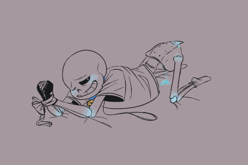 animated_skeleton ass ass_up blue_blush blue_collar blush bodily_fluids bottom_sans bottomless bound_wrists collar collar_and_leash filthysmashpeach fluids kneeling leash leash_and_collar looking_at_viewer male male_only monochrome monster one_eye_closed partially_clothed partially_colored sans sans_(undertale) skeleton solo solo_male submissive tied_wrists top-down_bottom-up uke_sans undead undertale undertale_(series)