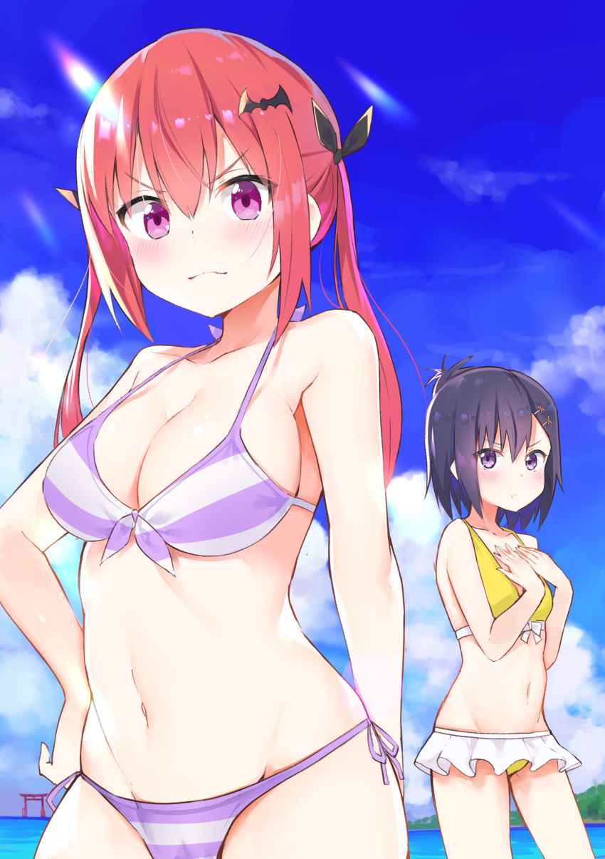 2_girls :t absurd_res bad_id bad_pixiv_id bat_hair_ornament bikini blue_skirt blush breast_envy breasts cleavage cloud commentary_request cowboy_shot day front-tie_bikini_top front-tie_top gabriel_dropout groin hair_between_eyes hair_ornament hand_on_own_hip high_res kerun lens_flare looking_at_viewer medium_breasts multiple_girls navel outside pink_hair purple_eyes satanichia_kurumizawa_mcdowell skirt small_breasts stomach strap_gap striped striped_bikini swimsuit swimsuit_skirt torii twin_tails vignette_tsukinose_april water yellow_bikini