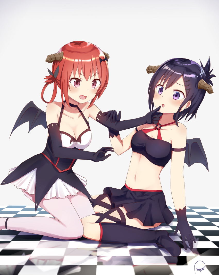 2_girls :d arm_grab black_hair black_legwear blush bow breasts checkered_floor cleavage collarbone commentary demon_girl demon_horns demon_tail demon_wings elbow_gloves gabriel_dropout gloves grabbing_another's_chin hair_ornament hair_ribbon hairclip hallelujah_essaim hand_on_another's_chin high_res horns kneehighs medium_breasts midriff multiple_girls open_mouth pantyhose piripun purple_eyes red_eyes red_hair reflective_floor ribbon satanichia_kurumizawa_mcdowell signature simple_background sitting skirt smile socks tail tile_floor tiles v-shaped_eyebrows vignette_tsukinose_april wariza white_background white_legwear wings