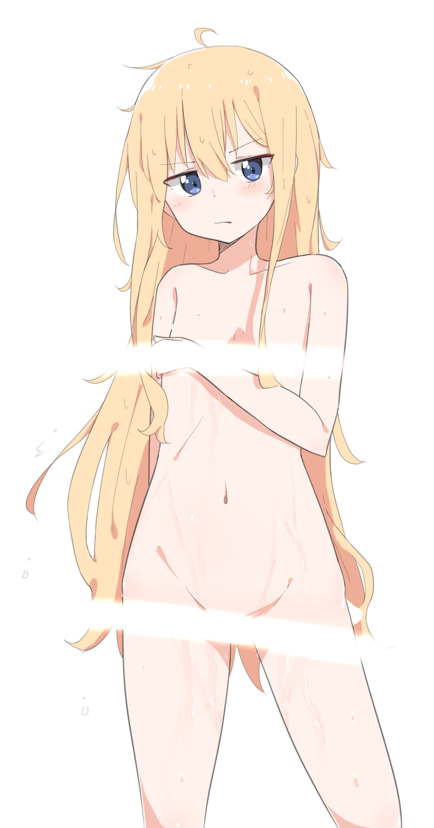 1girl 1girl :/ ahoge blonde_hair blue_eyes blush closed_mouth collarbone commentary_request completely_nude cowboy_shot gabriel_dropout gabriel_tenma_white groin high_res light_censor long_hair looking_at_viewer messy_hair navel nude piyomi small_breasts very_long_hair wet white_background