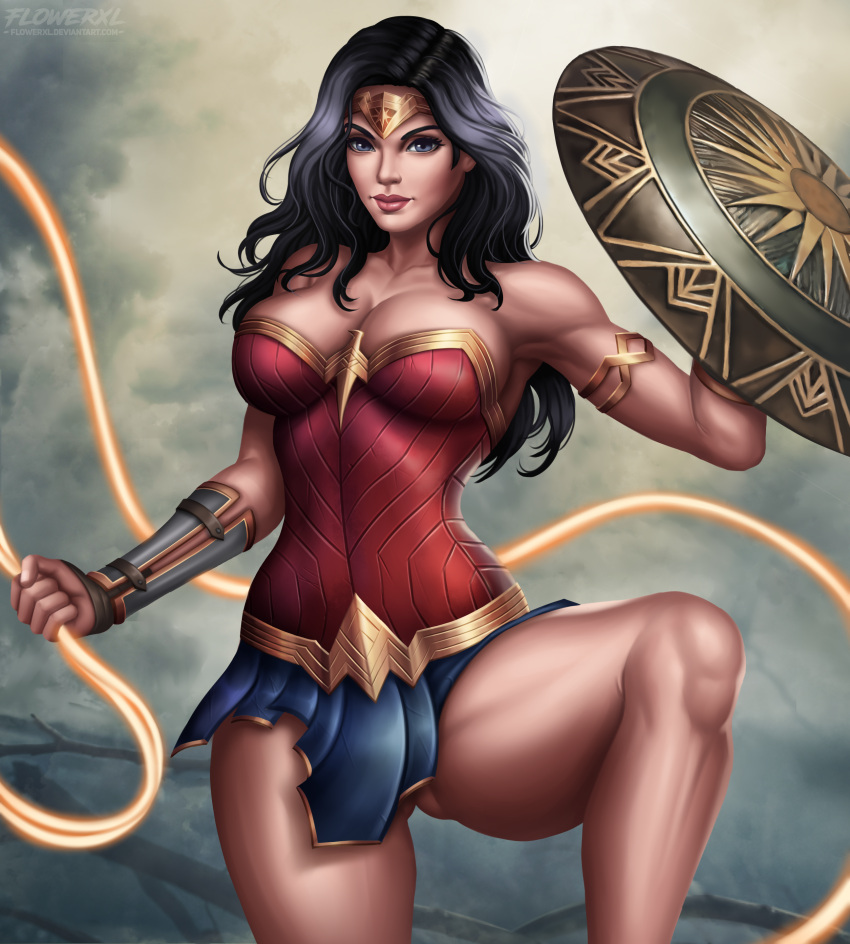 1female 1girl abstract_background armgloves arms_behind_head big_breasts black_hair blue_eyes blue_miniskirt blue_skirt bodysuit day dc_comics diana_prince dutch_angle female_only flowerxl front_view hand_on_head hand_on_weapon hands_on_hips heroine huge_breasts lasso_of_truth leg_lift long_hair looking_at_viewer miniskirt pale-skinned_female pose red_bodysuit seductive_eyes seductive_pose shield side_view smile standing superheroine thick_thighs tiara white_background wonder_woman wonder_woman_(series)