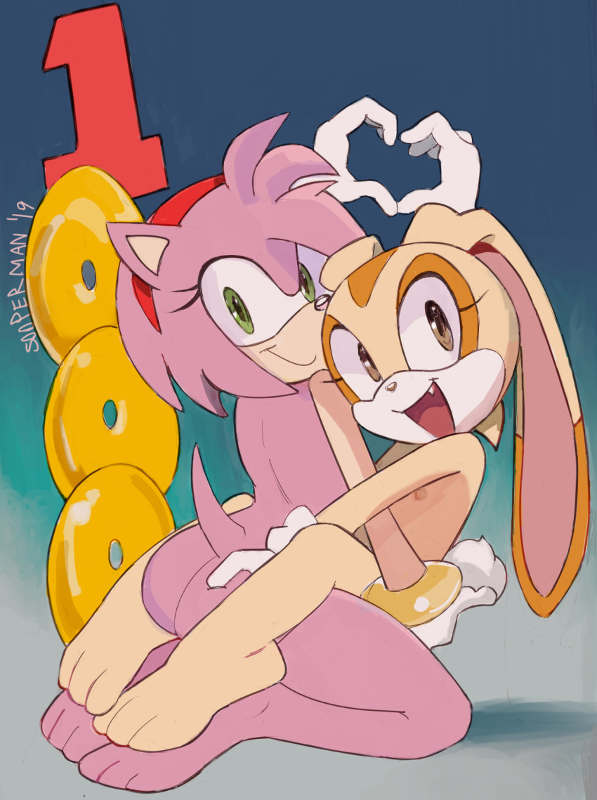 2019 2girls amy_rose anthro ass barefoot brown_eyes butt_grab collaborative collaborative_gesture collaborative_hand_heart conjoined_eyes cream_the_rabbit cub cute_fangs duo eulipotyphlan feet female/female flat_chested gesture green_eyes hand_heart hand_on_butt hedgehog high_res interspecies kneel lagomorph leporid looking_at_viewer looking_back mammal nipples open_mouth open_smile rabbit sega simple_background smile sonic_the_hedgehog_(series) sooperman young