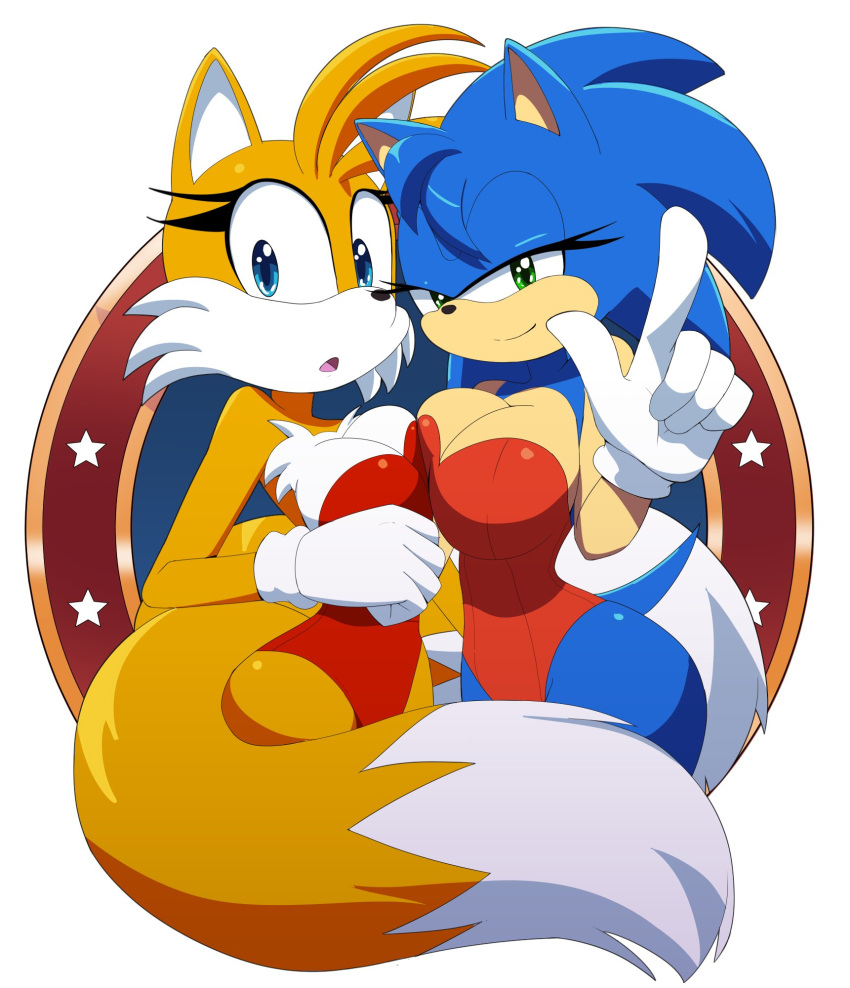 2_girls anthro big_breasts breasts bunnysuit cleavage female_only fox furry genderswap hedgehog huge_breasts kojiro-brushard linegutter looking_at_viewer miles_"tails"_prower millie_tailsko red_bunnysuit sega sonic_the_hedgehog sonic_the_hedgehog_(series) sonica_the_hedgehog sonique_the_hedgehog thick_thighs yuri
