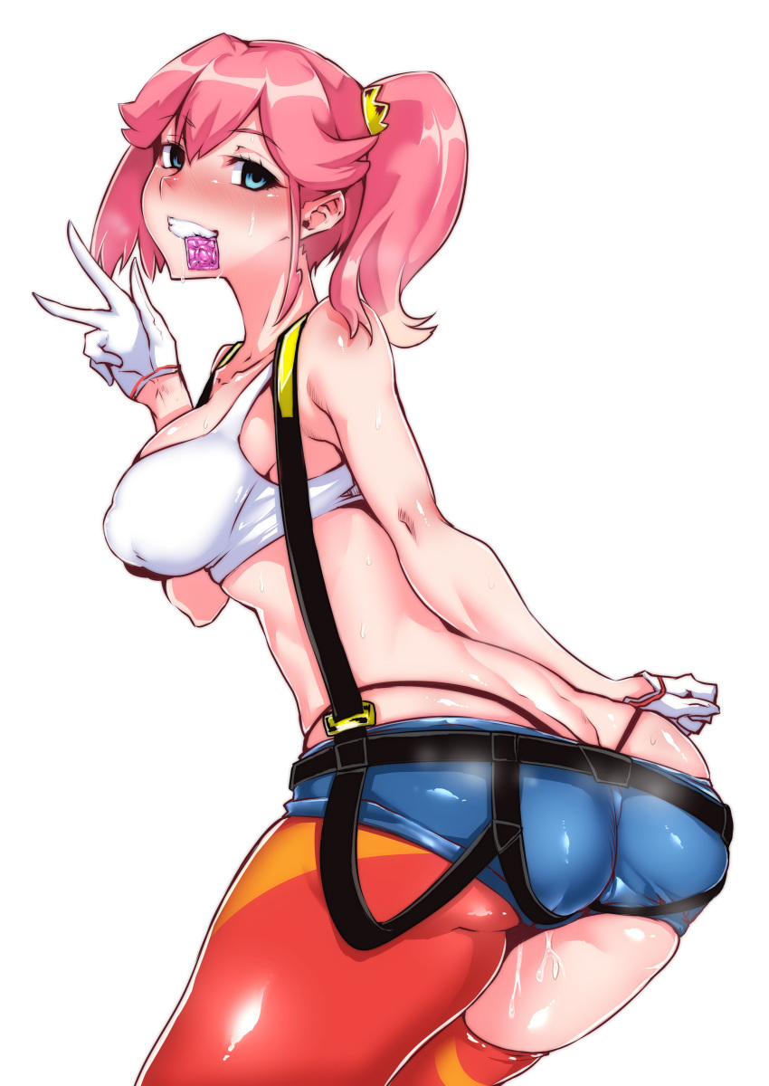 aina_ardebit ass big_breasts breasts condom condom_in_mouth condom_wrapper gggg gloves looking_at_viewer looking_back promare shorts sideboob stockings stockings suspenders tank_top thong white_background