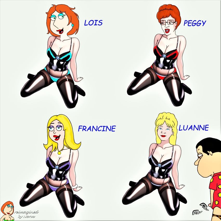american_dad breasts cameltoe corset crossover family_guy francine_smith glasses glenn_quagmire king_of_the_hill kneel lois_griffin luanne_platter panties peggy_hill stockings thighs