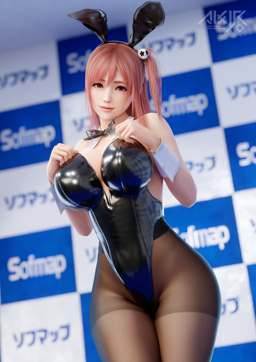 1girl 1girl 1girl 3d akiyamaryo alluring big_ass big_breasts big_hips bowtie bunny_ears bunny_girl bunnysuit child_bearing_hips clothed clothing dead_or_alive detached_collar female_only hair_ornament honoka honoka_(doa) leather leotard looking_at_viewer pantyhose pink_eyes pink_hair sensual shy side_ponytail sofmap_wall standing stockings tecmo wrist_cuffs
