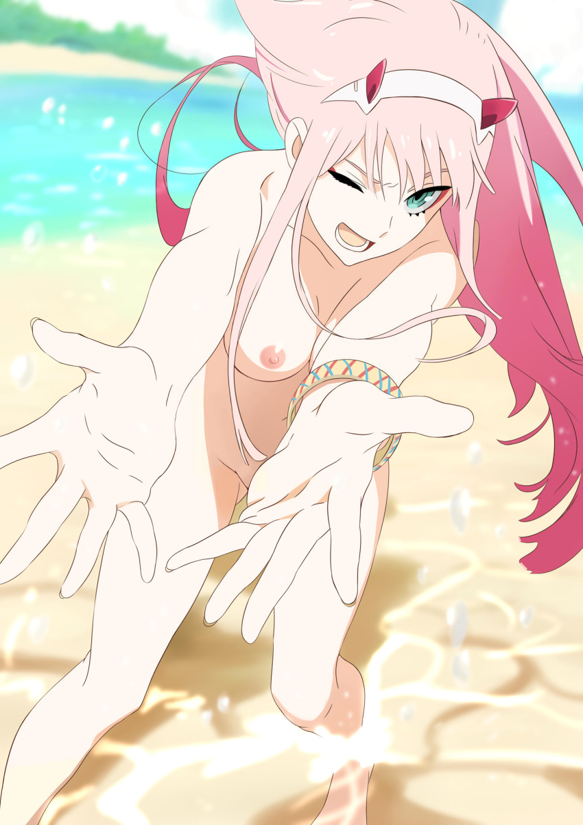 1girl aqua_eyes archway_of_venus bare_shoulders beach big_breasts blue_sky bracelet breasts clavicle cloud completely_nude darling_in_the_franxx day derivative_work female_only female_solo fingernails gluteal_fold green_eyes hairband high_resolution horns jewelry kimu_ryouma kin777 long_fingernails long_hair looking_at_viewer makeup medium_breasts nipples nude nude_filter ocean one_eye_closed open_mouth outside pink_hair sakato_gintoki shiny shiny_hair sky smile swimsuit third-party_edit user_rxum3883 white_hair_ornament white_hairband zero_two_(darling_in_the_franxx)