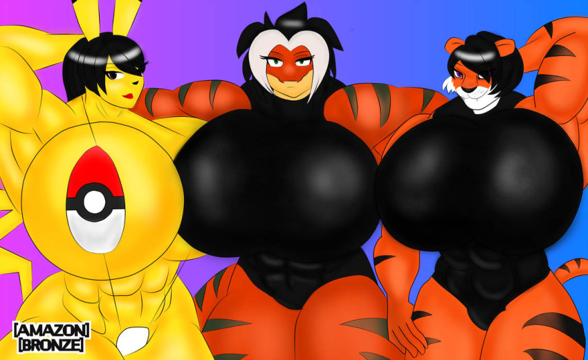 3_girls bikini black_hair breasts extreme_muscles female_only gigantic_breasts grin huge_breasts muscular muscular_female pikachu tiger