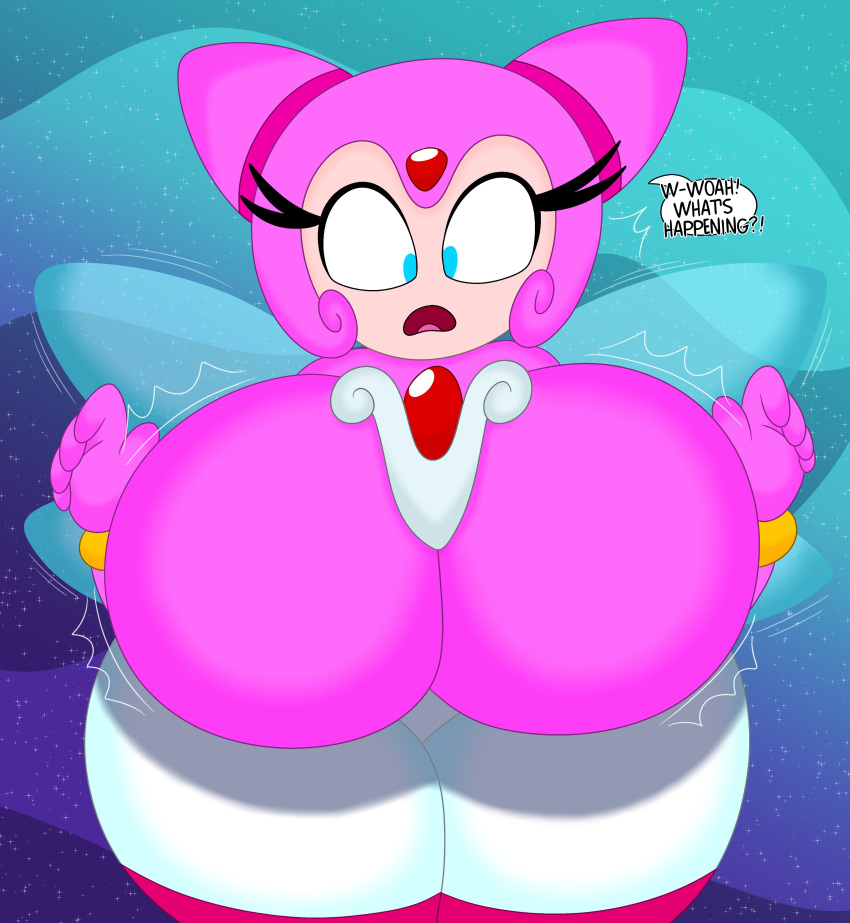 1girl 1girl 3barts big_breasts big_breasts big_breasts breast_expansion breasts dialogue english_text female_only huge_breasts hyper hyper_breasts lumina_flowlight sega sonic_shuffle sonic_the_hedgehog_(series) surprised text thick_thighs wide_hips wings