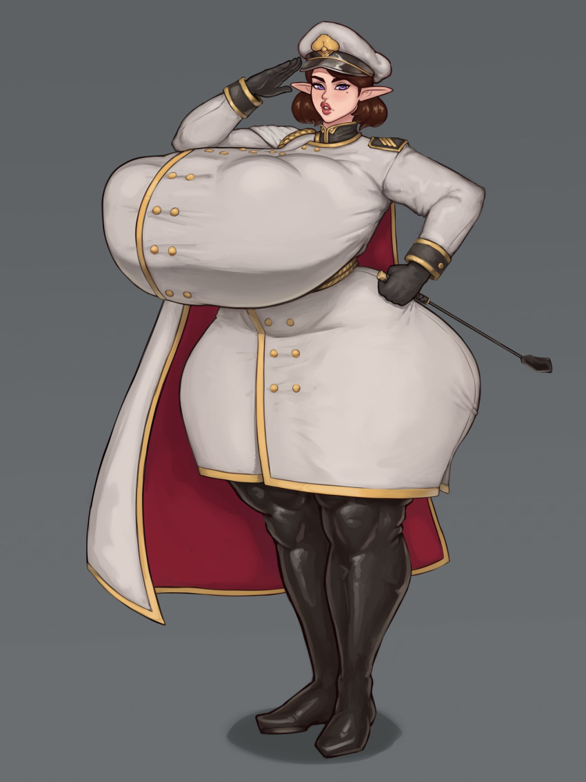 elf gigantic_ass gigantic_breasts hourglass_figure military_uniform pointy_ears shinyglute