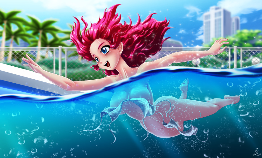 1girl anime big_breasts breasts clothes equestria_girls friendship_is_magic grin hasbro human humanized mauroz my_little_pony nudity open_mouth partially_submerged pink_hair pinkie_pie pinkie_pie_(eg) pinkie_pie_(mlp) skinny_dipping solo_female strategically_covered swimming swimming_pool swimsuit underwater wardrobe_malfunction water
