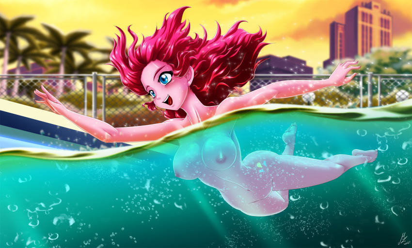 1girl 1girl 1girl alternate_version anime big_breasts breasts clothes commission equestria_girls friendship_is_magic grin hasbro mauroz my_little_pony nipples nudity open_mouth partially_submerged pink_hair pinkie_pie pinkie_pie_(eg) pinkie_pie_(mlp) questionable skinny_dipping solo_female sunset swimming swimming_pool underwater water