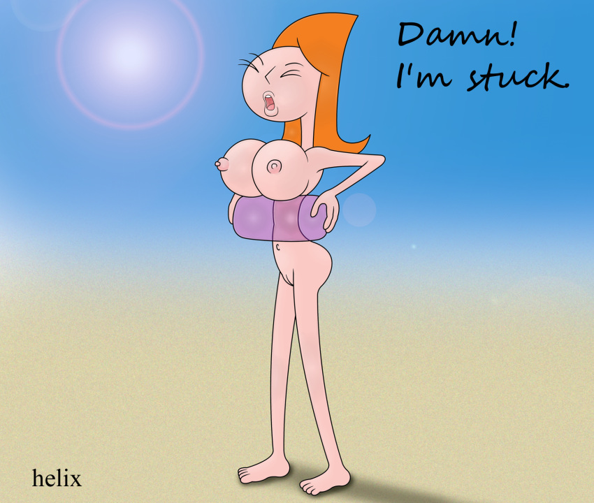 1girl barefoot beach blue_sky breasts candace_flynn closed_eyes disney disney_channel english_text eyebrows feet lips navel nipples nude nude_beach nude_female open_mouth orange_hair phineas_and_ferb pussy sand shiny shiny_skin standing stuck sun swim_ring text toes