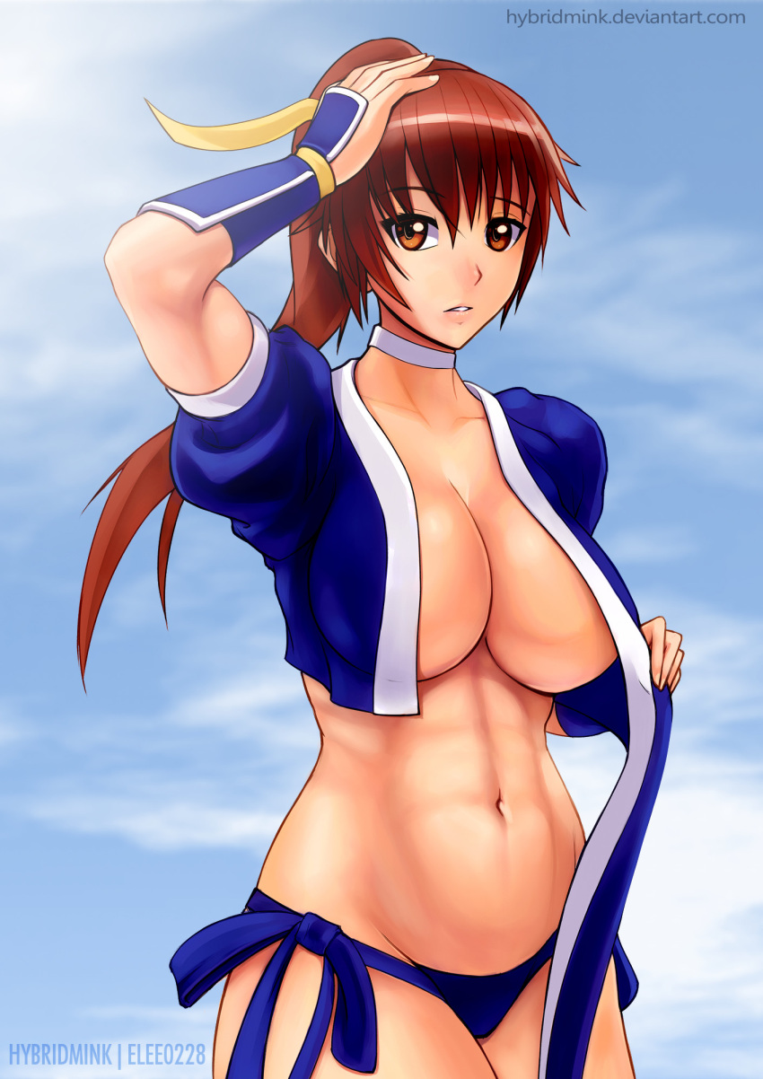 1girl 1girl abs alluring arm_guards athletic_female big_breasts blue_panties breasts brown_eyes brown_hair cleavage dead_or_alive dead_or_alive_2 dead_or_alive_3 dead_or_alive_4 dead_or_alive_5 dead_or_alive_6 dead_or_alive_xtreme dead_or_alive_xtreme_2 dead_or_alive_xtreme_3 dead_or_alive_xtreme_3_fortune dead_or_alive_xtreme_beach_volleyball dead_or_alive_xtreme_venus_vacation female_abs fit_female hand_on_own_head high_res hybridmink kasumi kasumi_(doa) kunoichi long_hair looking_at_viewer navel no_bra panties parted_lips ponytail silf standing stomach tecmo toned underwear