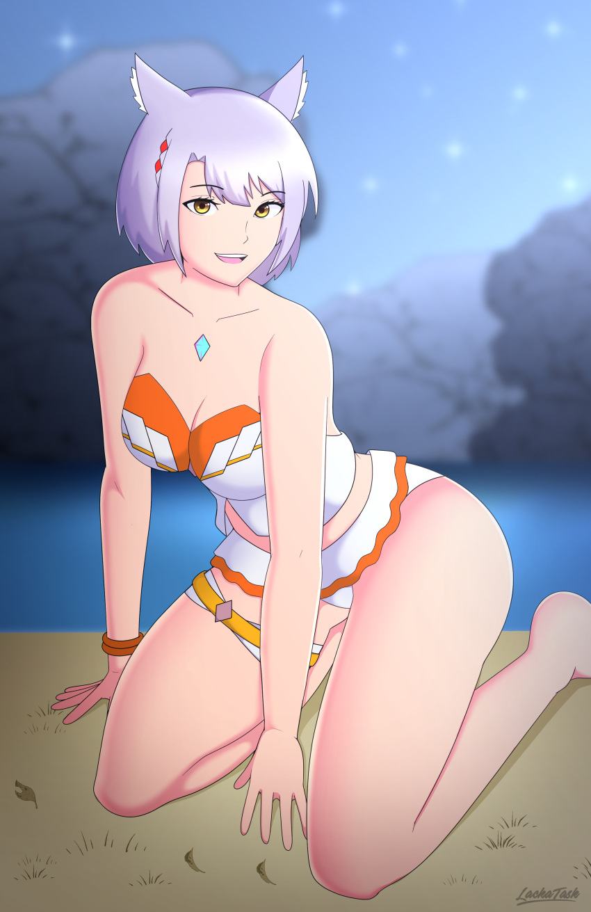 1girl alluring bikini braid breasts cat_ears cat_girl core_crystal grey_hair lackatask lagoon light-skinned_female looking_at_viewer mio_(xenoblade) nintendo smile smiling_at_viewer swimsuit thighs xenoblade_(series) xenoblade_chronicles_3 yellow_eyes