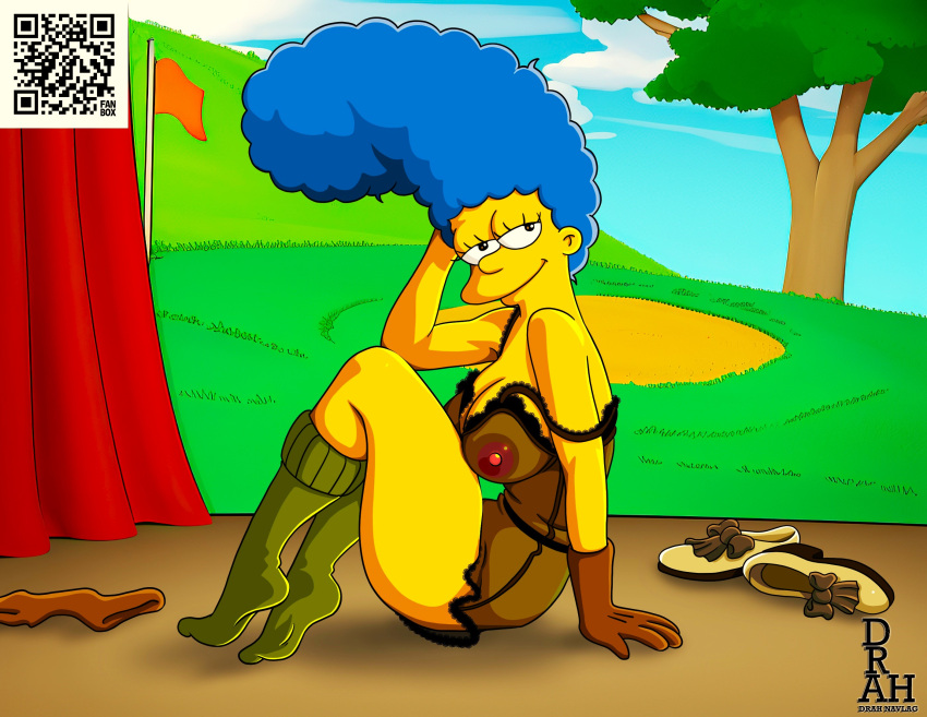 blue_hair breasts erect_nipples gloves marge_simpson negligee see-through socks the_simpsons thighs yellow_skin