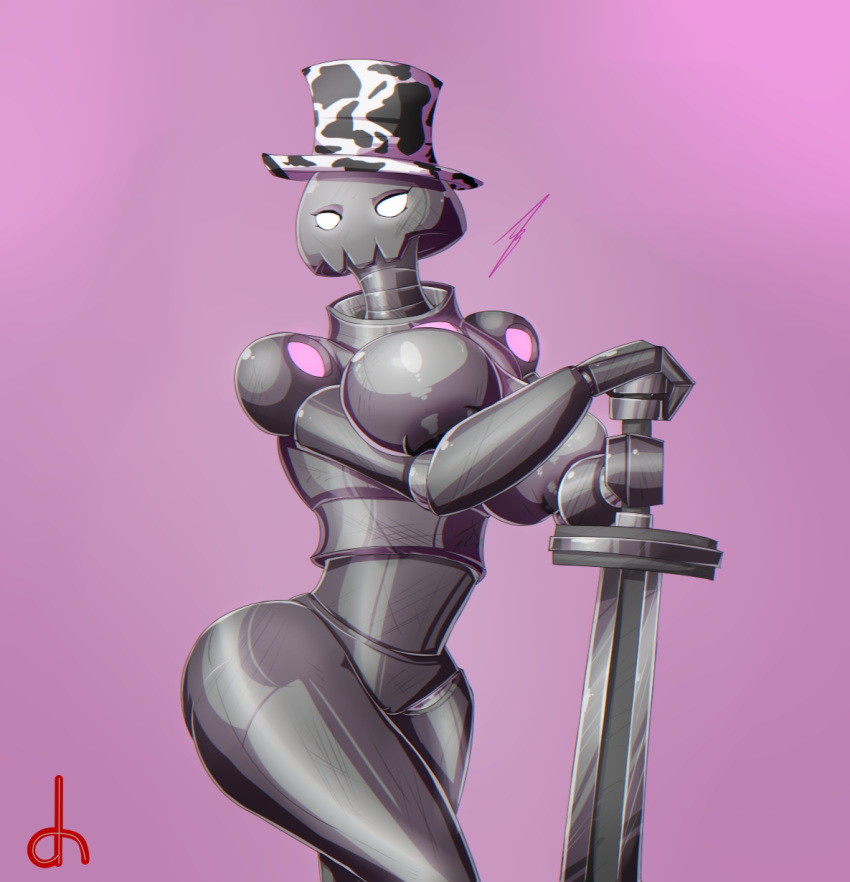 1girl 1girl artist_signature big_breasts big_breasts genderswap glowing_eyes hat hb-viper holding_sword humanoid metallic_body pink_background puffy_nipples robot simple_background slendytubbies sword the_imposter_(slendytubbies) thick_thighs voluptuous white_eyes