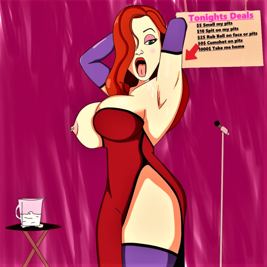 erect_nipples gloves hair_over_one_eye jessica_rabbit mouth_open one_breast_out red_dress red_hair stockings thighs who_framed_roger_rabbit
