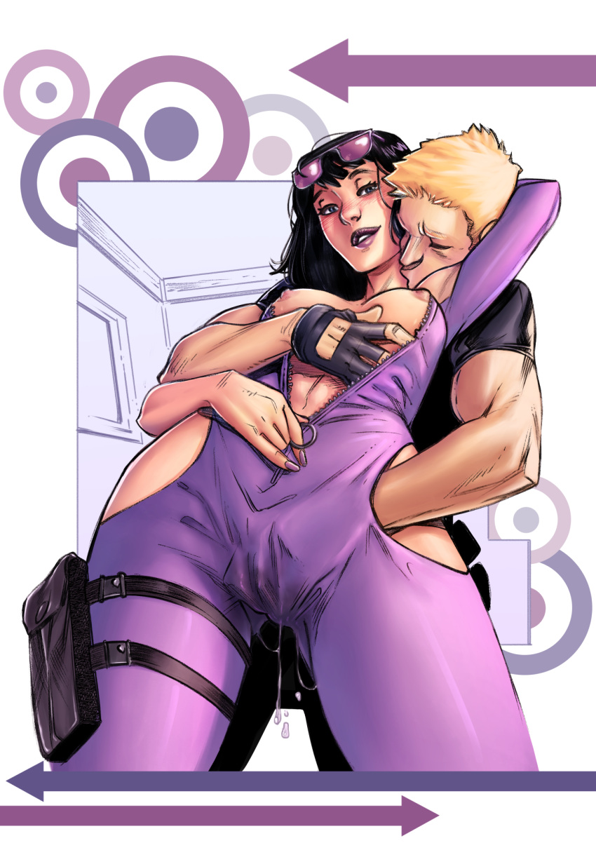 clint_barton exposed_breasts fingering groping hawkeye kate_bishop light-skinned_female long_hair marvel marvel_comics neck_kiss nipples pussy_juice pussy_juice_drip pussy_juice_trail sunglasses undressing unzipped_bodysuit wet_pussy