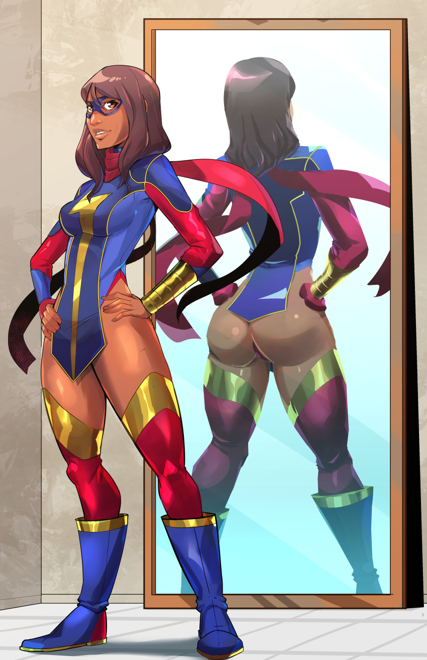 1girl ashmount ass ass_focus bangle big_ass boots brown-skinned_female brown_body brown_eyes brown_hair brown_skin costume dark-skinned_female dark_skin exposed_ass female_only human human_only kamala_khan long_hair marvel marvel's_avengers_(game) marvel_comics mask mirror mirror_reflection modified_costume ms._marvel muslim muslim_female redesign reflection scarf smile smiling smiling_at_viewer solo_female straight_hair superhero_costume superheroine thick_ass thick_thighs thighs zukupow