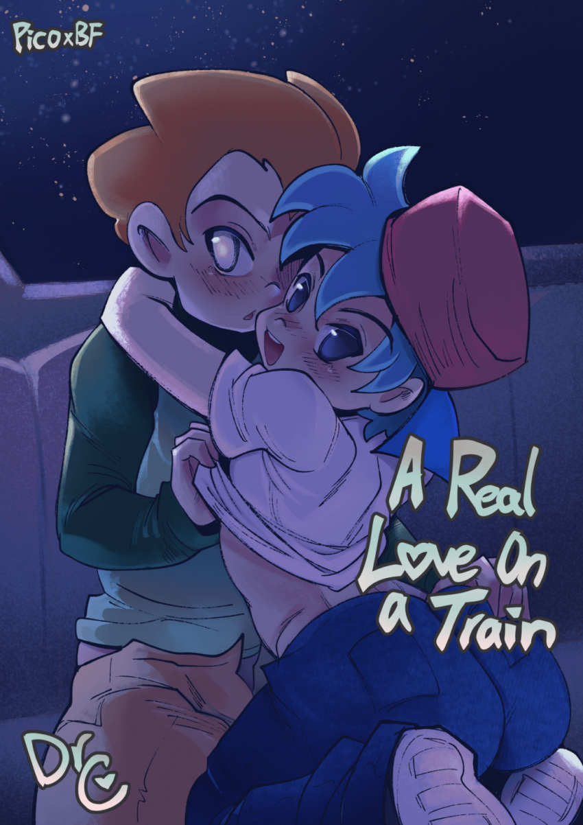 a_real_love_on_a_train_(fnf_comic) aqua_hair big_ass blue_pants boyfriend_(friday_night_funkin) comic cover_page english_text femboy femboyfriend_(fnf) femboyfriend_(friday_night_funkin) flushed friday_night_funkin friday_night_funkin_comic green_shirt male male_only orange_hair orange_pants pico's_school pico_(newgrounds) red_hat taking_off_clothes white_shirt yaoi