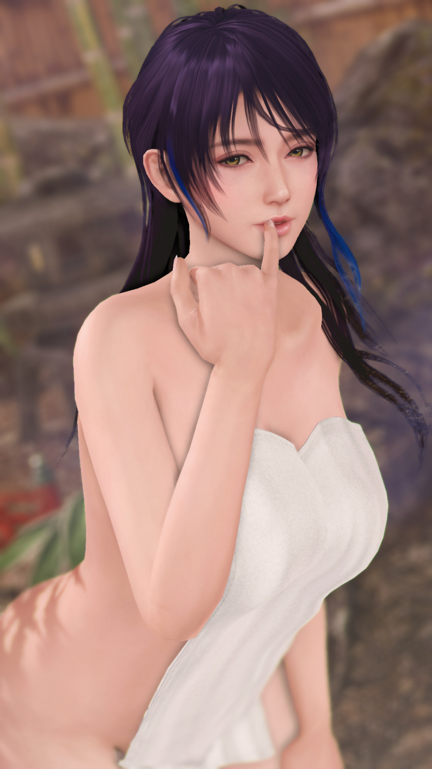 1girl alluring amber_eyes black_and_blue_hair dead_or_alive dead_or_alive_xtreme dead_or_alive_xtreme_2 dead_or_alive_xtreme_3_fortune dead_or_alive_xtreme_beach_volleyball dead_or_alive_xtreme_venus_vacation naked_towel shandy_(doa) tecmo towel_around_body x-kx