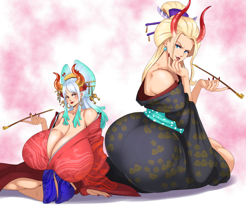 2_girls black_maria blonde_hair gigantic_ass gigantic_breasts horns kimono one_piece pipe sundown yamato_(one_piece)