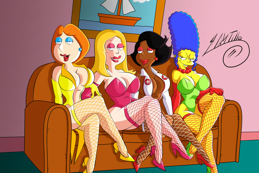 4girls american_dad black_hair blonde_hair blue_hair couch crossover curvaceous curvy curvy_female curvy_figure dark-skinned_male dark_skin donna_tubbs earrings elbow_gloves eyebrows_visible_through_hair eyeshadow family_guy female_only fishnet fishnet_legwear fishnets francine_smith gloves green_leotard high_heels leotard light-skinned_female light_skin lipstick lois_griffin makeup marge_simpson mature_female milf multiple_girls necklace nurse nurse_uniform orange_hair painting pearl_necklace pink_leotard red_lipstick sitting source_request stockings strapless stripes swave18 the_cleveland_show the_simpsons yellow_body yellow_skin