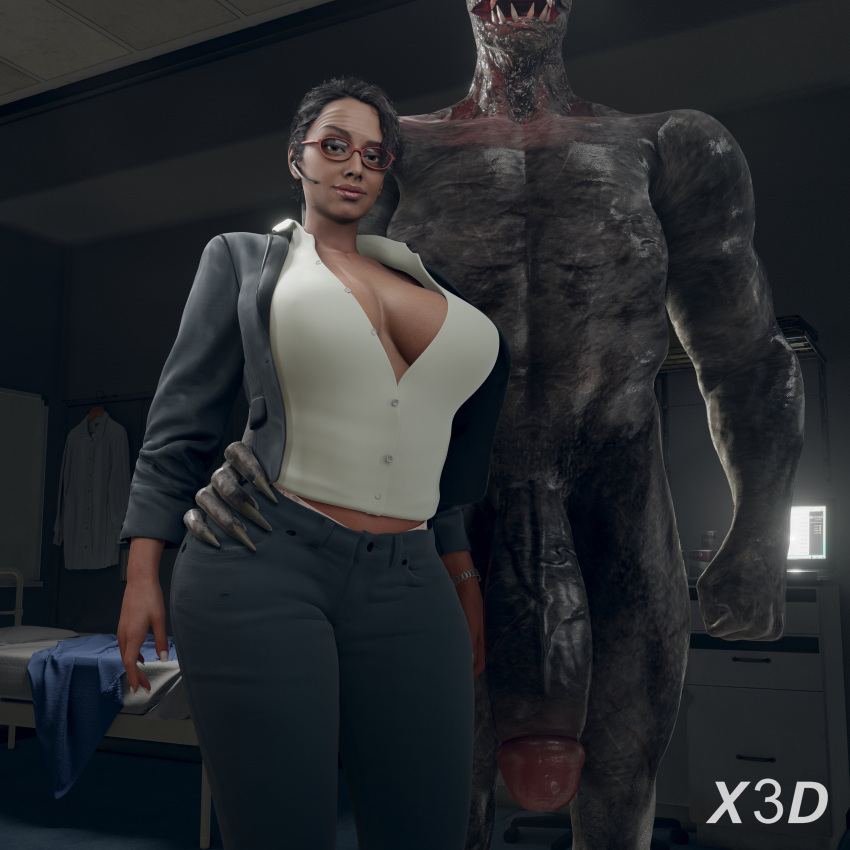 black_hair business_suit business_woman dark-skinned_female dark_skin glasses grey_skin hand_on_ass imminent_sex ingrid_hunnigan monster monster_cock muscular muscular_male naughty naughty_face nude nude_male office_lady regenerator resident_evil resident_evil_4 resident_evil_4_remake seductive seductive_smile veins veiny_penis voluptuous voluptuous_female x3d