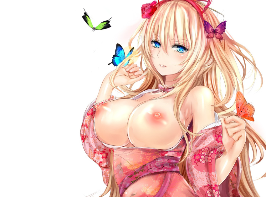 blonde_hair blue_eyes breasts_out_of_clothes butterfly cleavage huge_breasts kimono long_hair looking_at_viewer misako12003 touhou yakumo_yukari