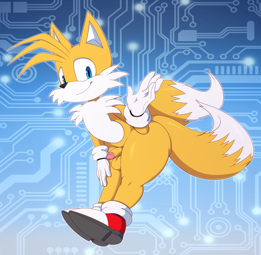 1boy 2_tails anthro balls bigdon1992 canid canine clothing dipstick_tail footwear fox fur genitals girly gloves handwear high_res male mammal markings miles_"tails"_prower mostly_nude multi_tail penis red_clothing red_footwear red_shoes sega shoes sonic_the_hedgehog_(series) tail tail_markings white_body white_clothing white_fur white_gloves white_handwear yellow_body yellow_fur
