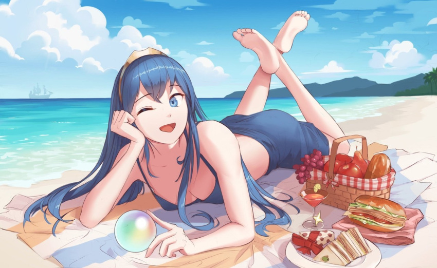 1girl :d alluring apple awan0918 bare_shoulders barefoot beach bikini bikini_top_only blue_bikini blue_eyes blue_hair blue_sarong blue_sky breasts cleavage cloud commentary crossed_legs cup day drink drinking_glass english_commentary feet fire_emblem fire_emblem_awakening fire_emblem_heroes food fruit full_body hair_between_eyes horizon long_hair looking_at_viewer lucina_(fire_emblem) lying medium_breasts mountainous_horizon nintendo ocean official_alternate_costume on_stomach one_eye_closed open_mouth orb picnic_basket plate sand sandwich sarong ship shore sky smile swimsuit tiara towel watercraft waves wine_glass
