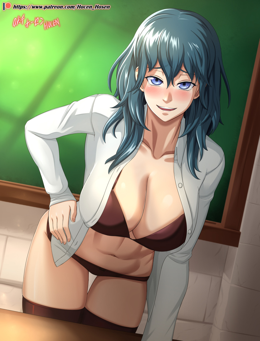 1girl alluring athletic_female bare_midriff bare_thighs big_breasts blue_eyes blush bra breasts brown_panties byleth_(female) byleth_(fire_emblem) byleth_(fire_emblem)_(female) chalkboard classroom cleavage female_abs female_protagonist fire_emblem fire_emblem:_three_houses fire_emblem_heroes fit_female hand_on_hip high_res hocen looking_at_viewer nintendo open_clothes open_mouth open_shirt open_smile panties shirt shy_smile smile stockings teacher teal_hair thighs vilde_loh_hocen watermark web_address white_shirt whiteboard