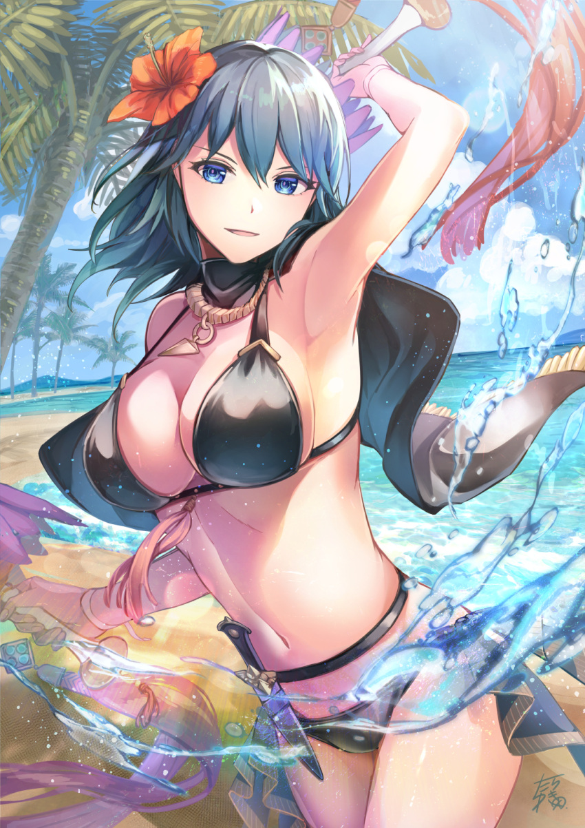 1girl 1girl 1girl alluring alternate_costume arm_up armpits bangs bare_shoulders beard big_breasts bikini black_bikini black_cape black_swimsuit blue_eyes blue_hair blue_sky breasts byleth_(fire_emblem)_(female) byleth_(summer)_(fire_emblem)_(female) cape cleavage cloud collarbone commentary_request cowboy_shot dagger day facial_hair female_only fire_emblem fire_emblem:_three_houses fire_emblem_heroes flower hair_between_eyes hair_flower hair_ornament hibiscus high_res holding holding_weapon knife lens_flare long_hair looking_at_viewer nintendo ocean official_alternate_costume outside palm_tree parted_lips ribbon shadow sheath sheathed sidelocks sign signature sky smile standing stomach swimsuit tarayuki tassel teal_hair tree water_drop weapon wrist_ribbon yukimiyuki