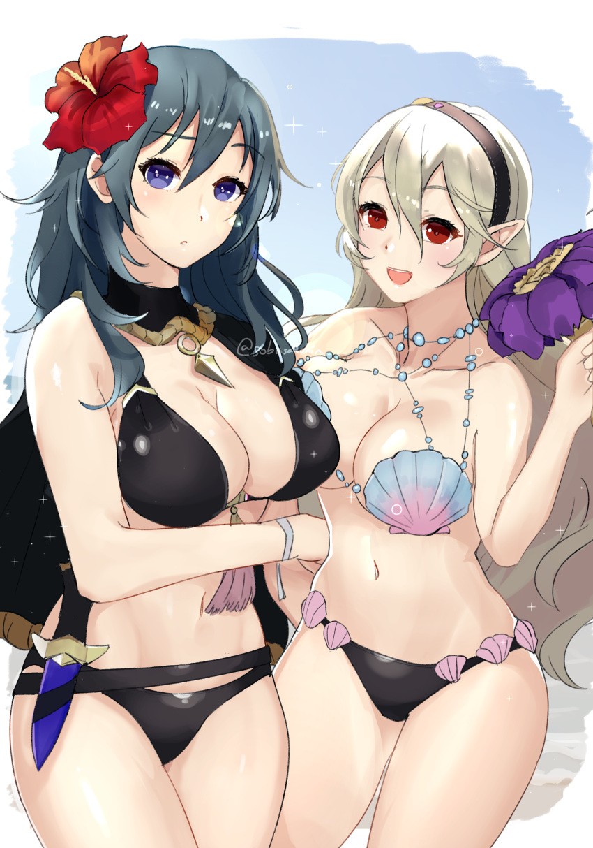 2_girls alluring bare_legs bare_shoulders big_breasts bikini black_bikini black_swimsuit blue_eyes byleth_(fire_emblem)_(female) byleth_(summer)_(fire_emblem)_(female) cleavage corrin_(fire_emblem)_(female) corrin_(summer)_(fire_emblem)_(female) dagger female_only fire_emblem fire_emblem:_three_houses fire_emblem_cipher fire_emblem_fates fire_emblem_heroes flower flower_in_hair hartman_hips knife long_hair looking_at_viewer manakete nintendo open_smile pointy_ears raised_eyebrows red_eyes shell shell_bikini smile sobasakuhin swimsuit teal_hair video_game video_game_character video_games