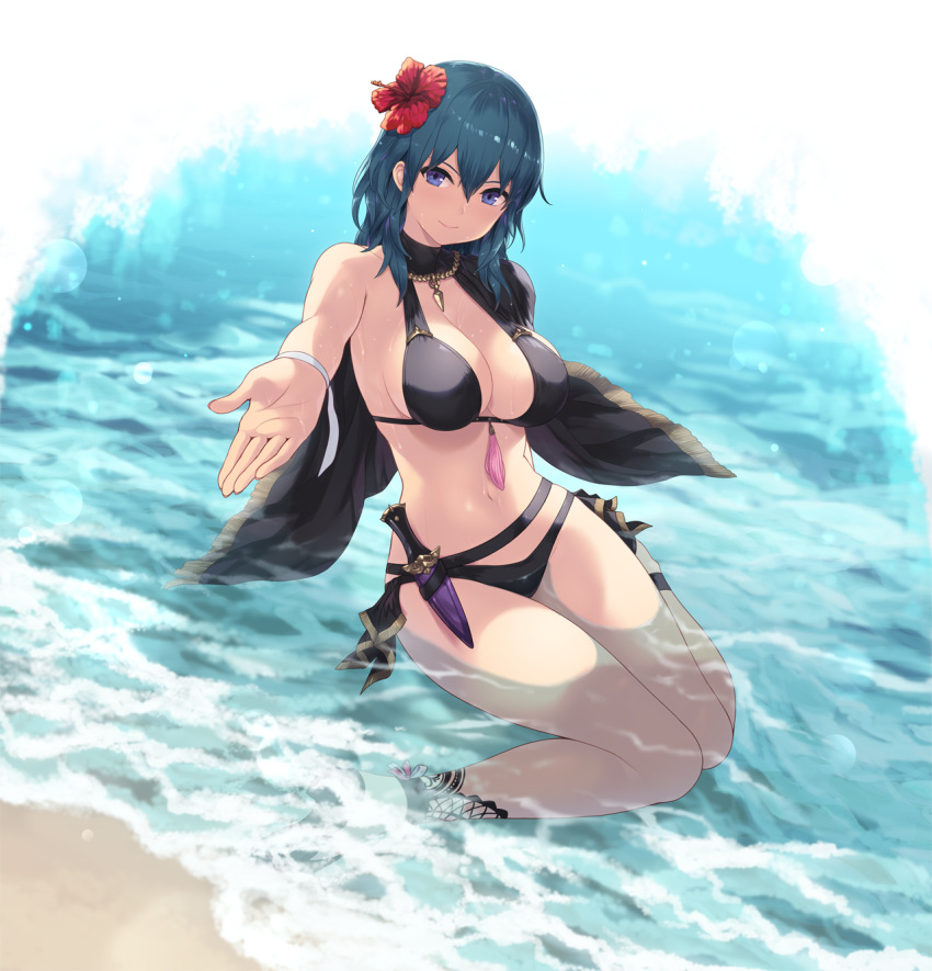 1girl alluring belt big_breasts bikini black_bikini black_footwear black_swimsuit blue_eyes breasts byleth_(fire_emblem) byleth_(fire_emblem)_(female) byleth_(summer)_(fire_emblem)_(female) cait cait_aron cleavage commentary female_only fire_emblem fire_emblem:_three_houses fire_emblem_heroes flower green_hair hair_flower hair_ornament hibiscus high_res jewelry knife knife_holster looking_at_viewer medium_hair necklace nintendo outstretched_hand partially_submerged reaching_out sandals shawl sitting solo_female swimsuit teal_hair wading wariza water