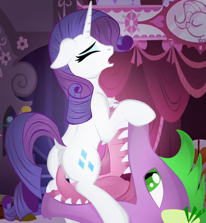 1boy 1girl anus ass closed_eyes cutie_mark dragon female female_unicorn friendship_is_magic green_eyes horn indoors interspecies male male/female male_dragon my_little_pony nude oral oral_penetration oral_sex pony rarity rarity_(mlp) size_difference spike_(mlp) tongue_in_pussy tongue_insertion unicorn