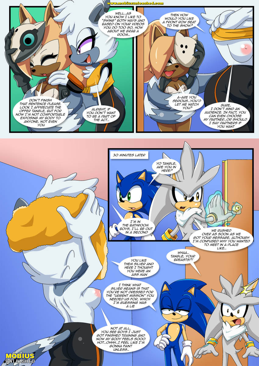 2_boys 2_girls 2boys bbmbbf comic furry idw_publishing mobius_unleashed palcomix sega silver_the_hedgehog sonic_the_hedgehog tangle_the_lemur whisper_the_wolf whispered_moans_(comic)