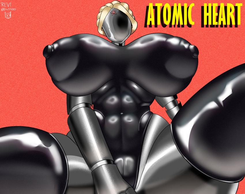 1girl 1girl 1girl 2023 areola_outline atomic_heart big_breasts black_legwear blonde_hair cameltoe english_text eyeless female_only focus_entertainment high_res huge_breasts large_areolae legs_apart legwear leotard looking_at_viewer metallic_body mouthless nipple_bulge puffy_nipples revifrry right_(atomic_heart) robot robot_girl robot_humanoid robot_joints solo_focus text the_twins_(atomic_heart) thick_thighs thigh_squish