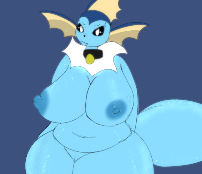 1girl 1girl 1girl absurd_res animal_humanoid anthro anthrofied areola belly big_areola big_breasts big_nipples black_sclera blue_body breasts choker curvy_figure genitals high_res huge_breasts huge_thighs humanoid jewelry looking_at_viewer marine marine_humanoid miyang_draws! necklace nervous nervous_smile nintendo nipples non-mammal_nipples nude overweight plump pokemon pokemon_(species) pokemorph pussy smile thick_thighs vaporeon video_games voluptuous