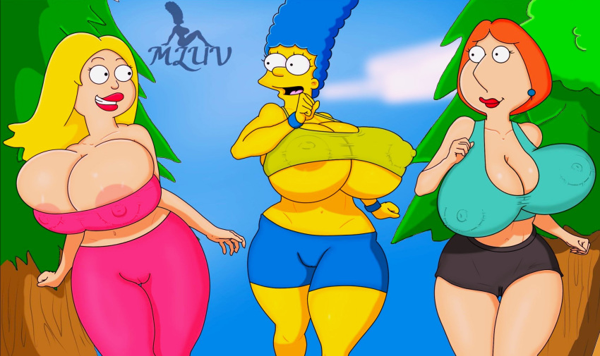 american_dad cameltoe crossover erect_nipples_under_clothes family_guy francine_smith leggings lois_griffin marge_simpson massive_breasts mluv_(artist) shorts the_simpsons thighs